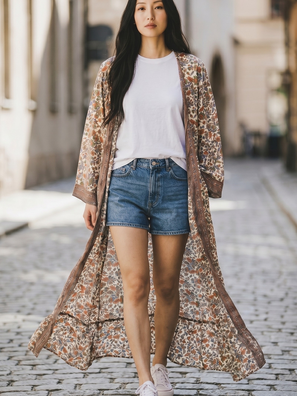 Floral Print Lightweight Kimono - Orange & Green